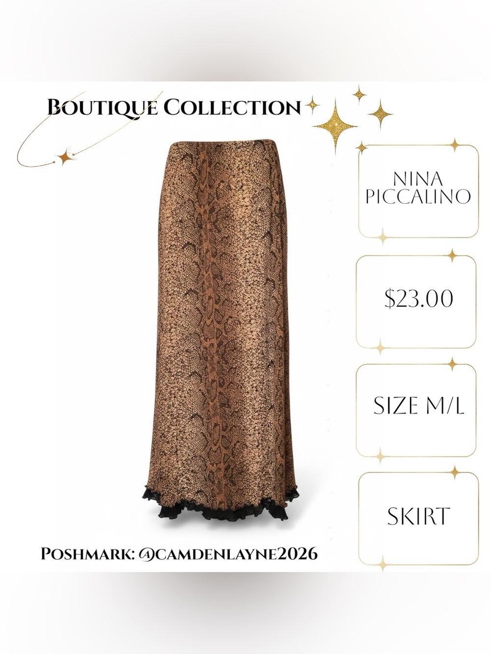 Nina Piccalino Brown Snake-Print Maxi Skirt with Black Lace Trim - Picture 5 of 9